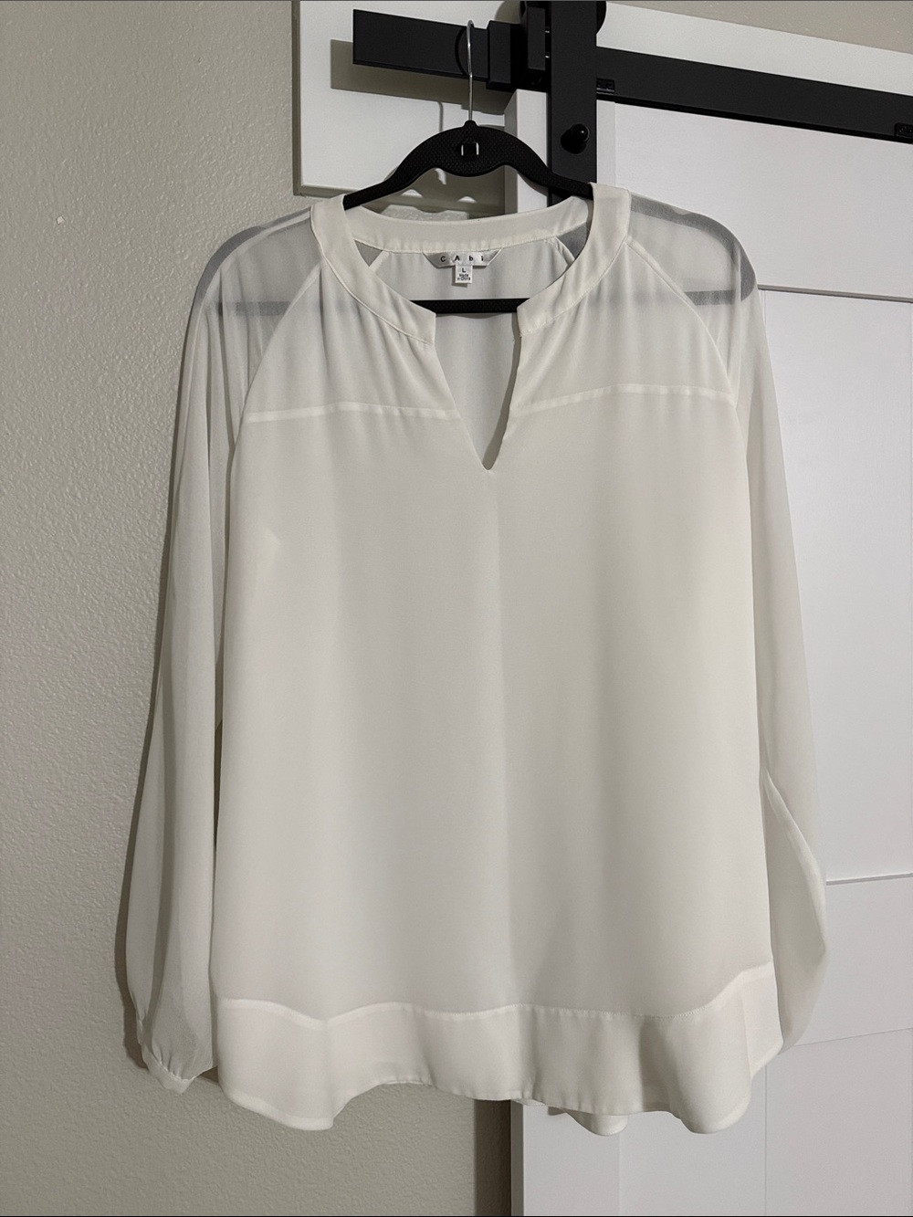 CAbi Cream Split-Neck Sheer Sleeve Blouse